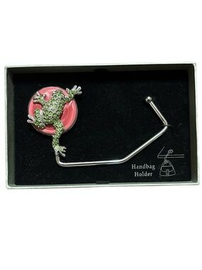Green Crystal Frog Handbag Holder with Pink Enamel Base